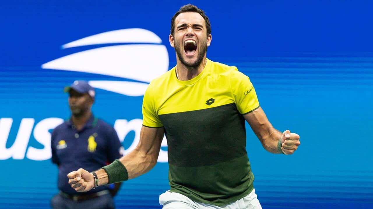 L'urlo di Matteo Berrettini dopo il match point - contro Monfils - che gli regalato l'accesso alle semifinali degli UsOpen