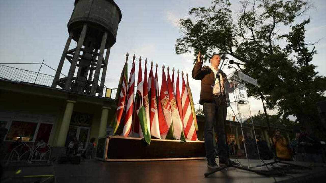 Laszlo Toroczkai, president of the Hungarian far-right party Mi Hazank Mozgalom (Our Homeland Movement) speaks during a demonstration in Torokszentmiklos.