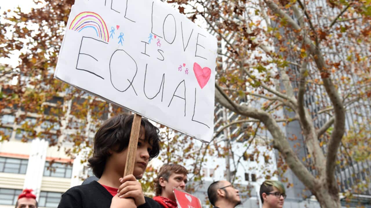 Demonstrators take part in a marriage equality rally in Sydney.