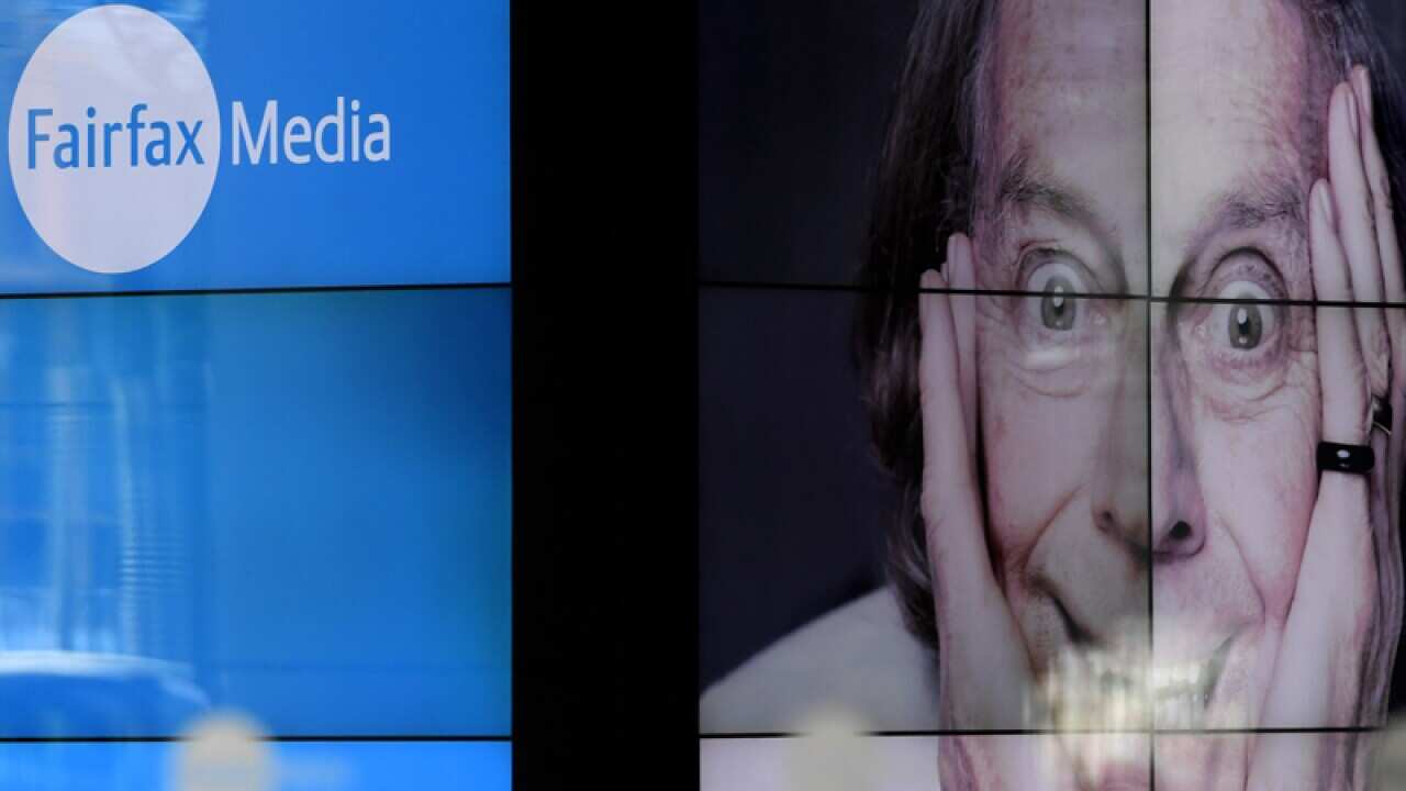 An image of Barry Otto in the foyer of the Fairfax Media offices