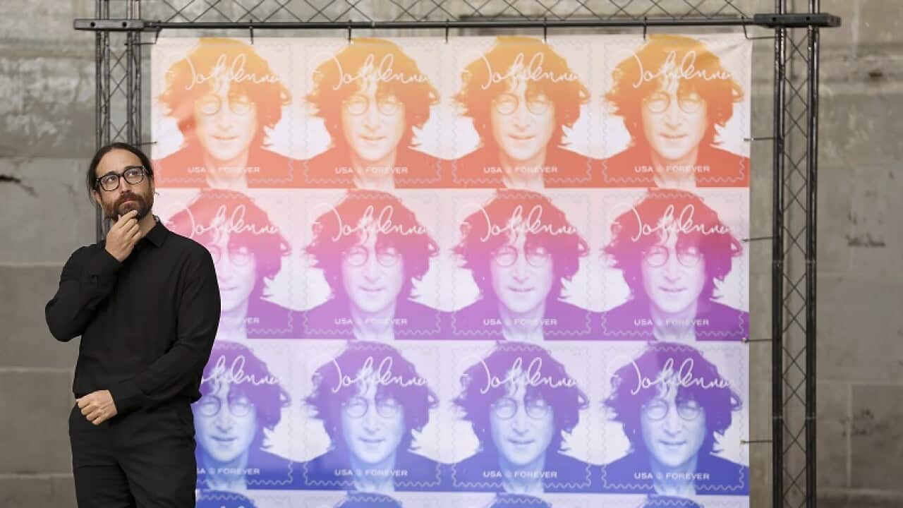 Sean Lennon, son of John Lennon, at the unveiling of the new John Lennon Commemorative Forever Stamp.