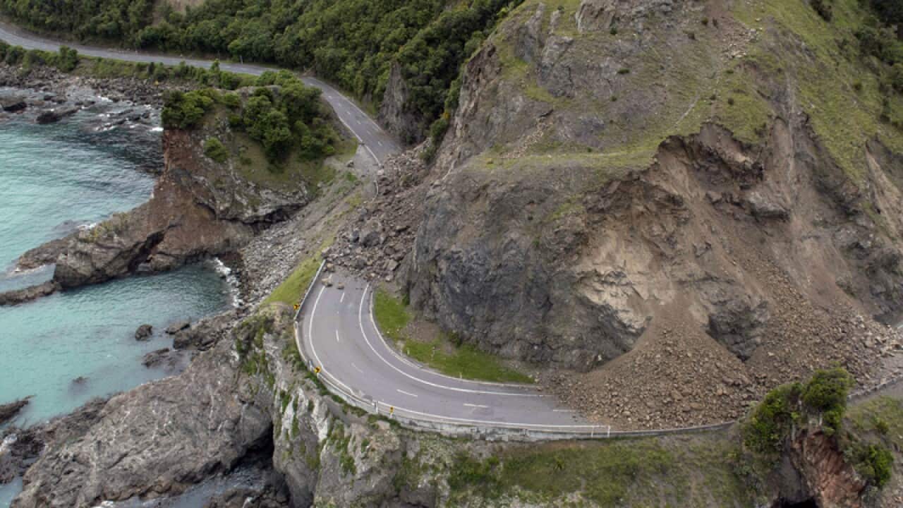 A landslide covers a section of state highway 1 near Kaikoura