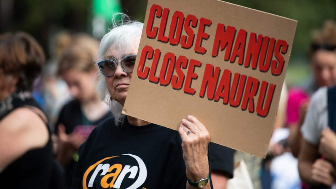 Refugee advocates seen during Rally for refugees at Belmore Park in Sydney in April