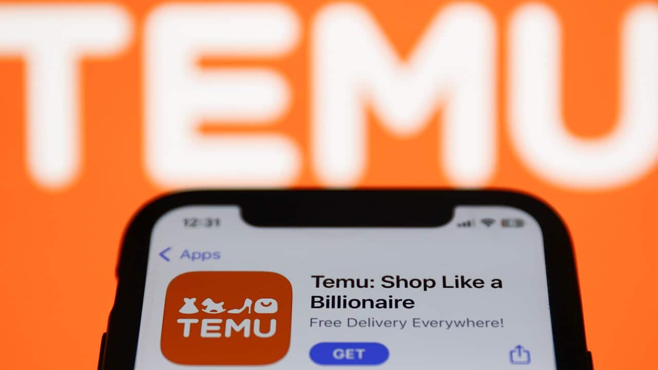Temu on App Store displayed on a phone screen and Temu logo displayed on a screen in the background