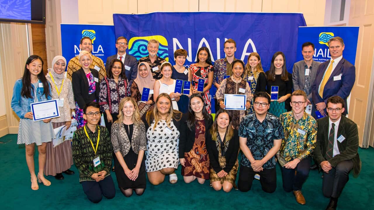 Sheila Hie, co-director NAILA (4th from left, kneeling) posing with the winners and sponsors after NAILA Awards Night ceremony in Melbourne, 10 Dec 2019.