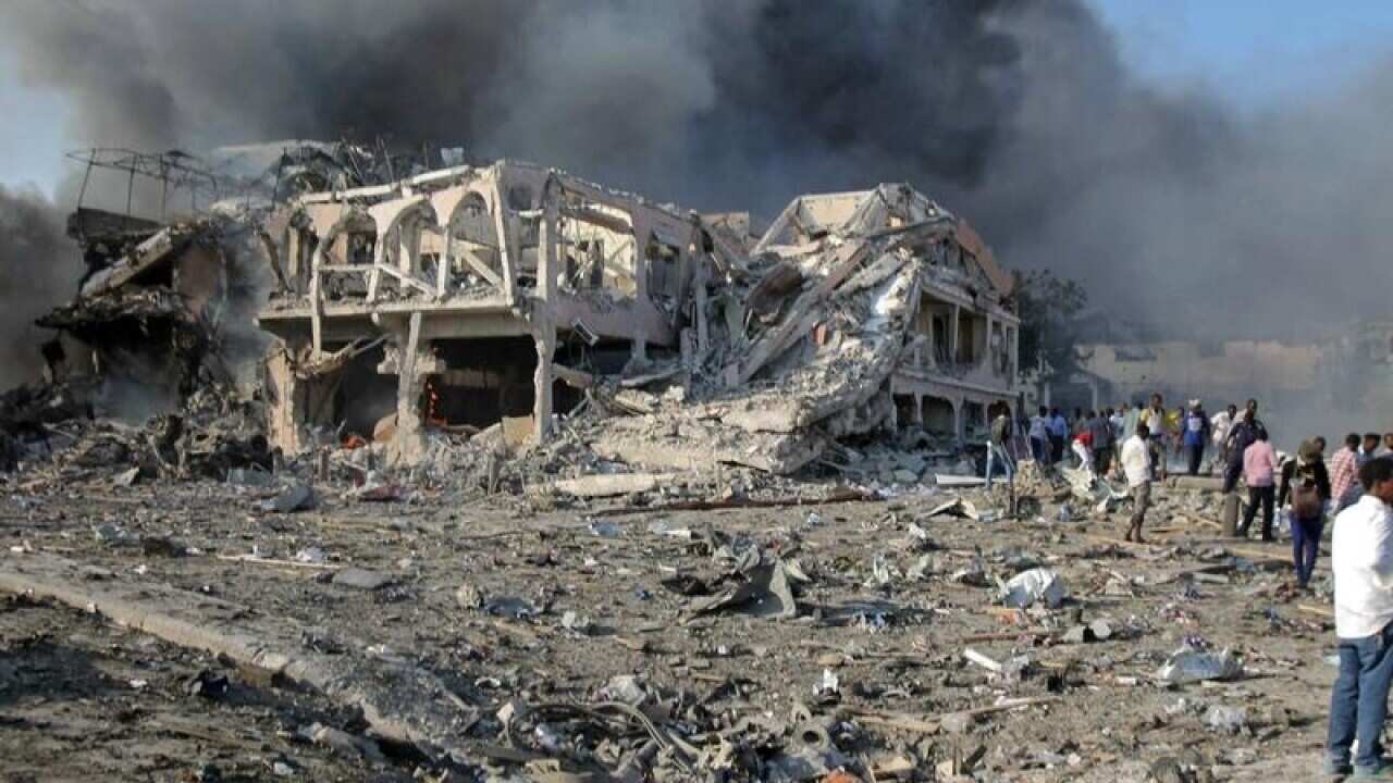 A collapsed building after a massive truck bomb went off in Mogadishu