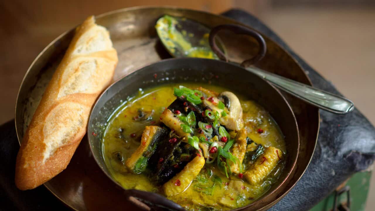 Panfried eel in coconut and saffron sauce SBS Food