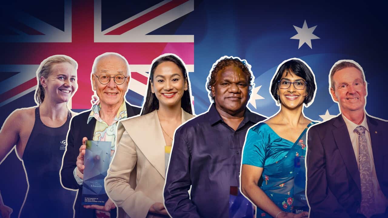 Composite image of six people with an Australian flag in the background.