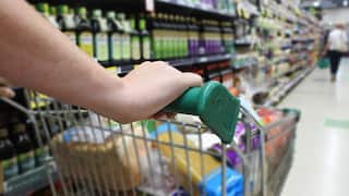 A person shopping in a supermarket with a close up on their hands holding a trolley.