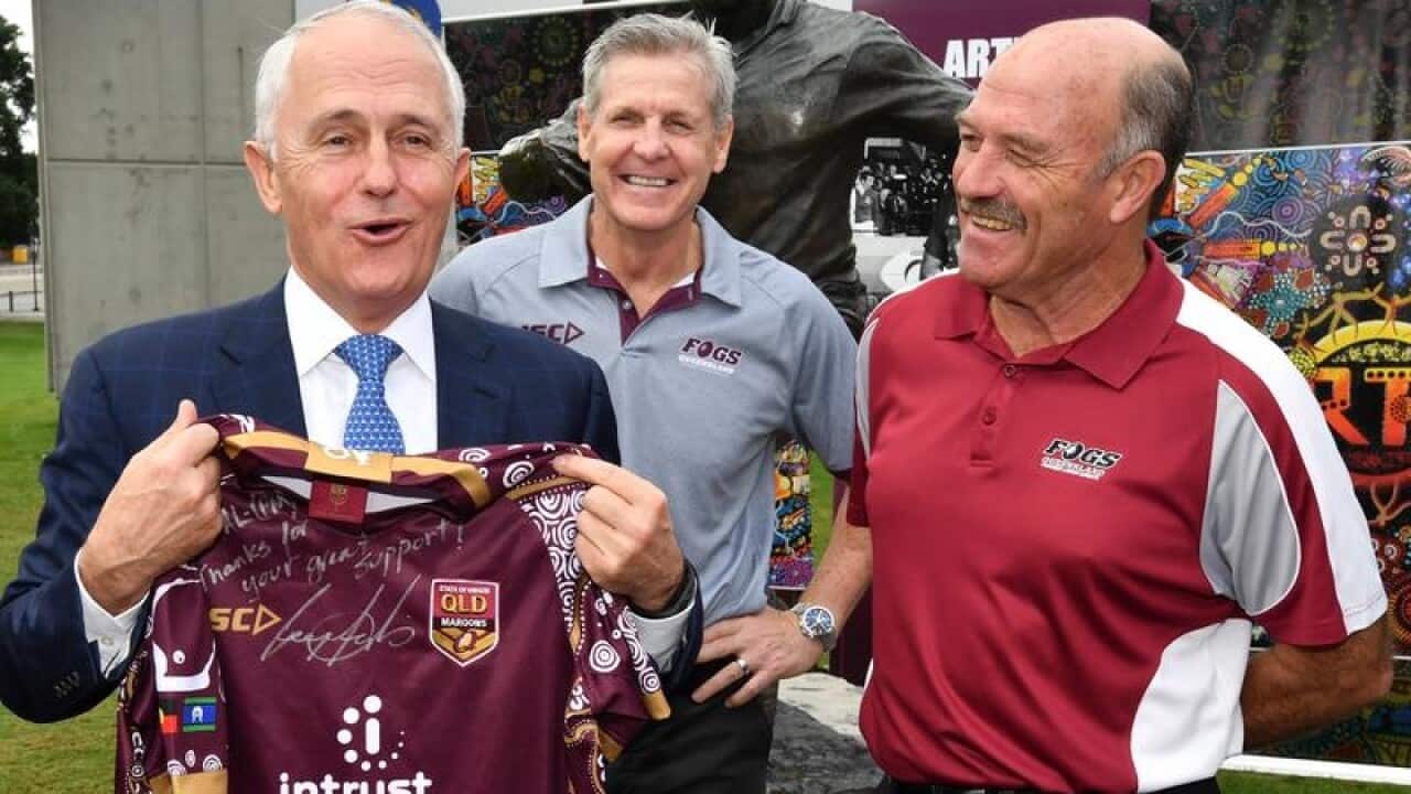 Malcolm Turnbull with rugby league greats Gene Miles and Wally Lewis.