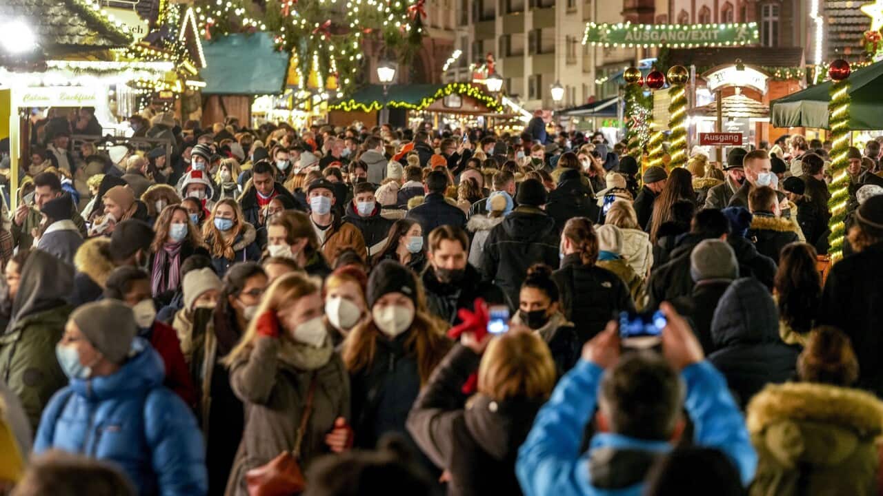 A Christmas market in Frankfurt, Germany