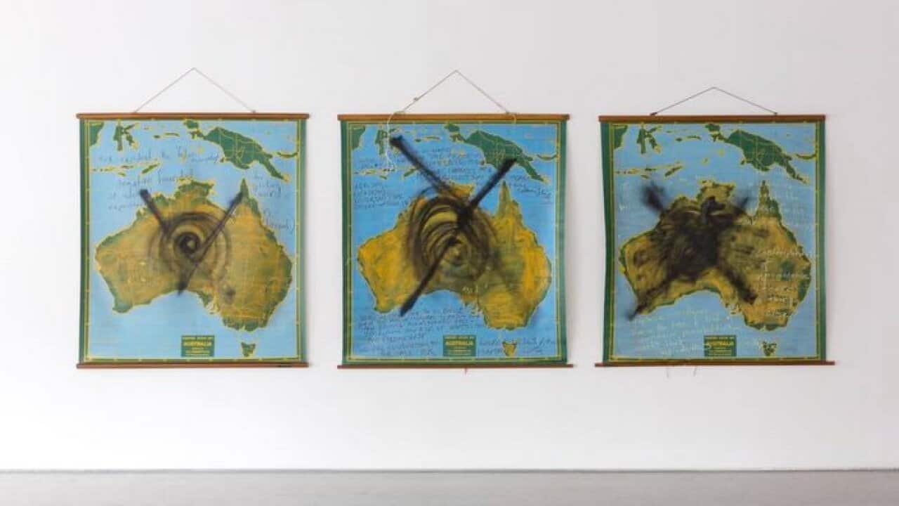 No Good Common’ 2018 Maps, oil stick, spray paint, graphite Courtesy Yuill