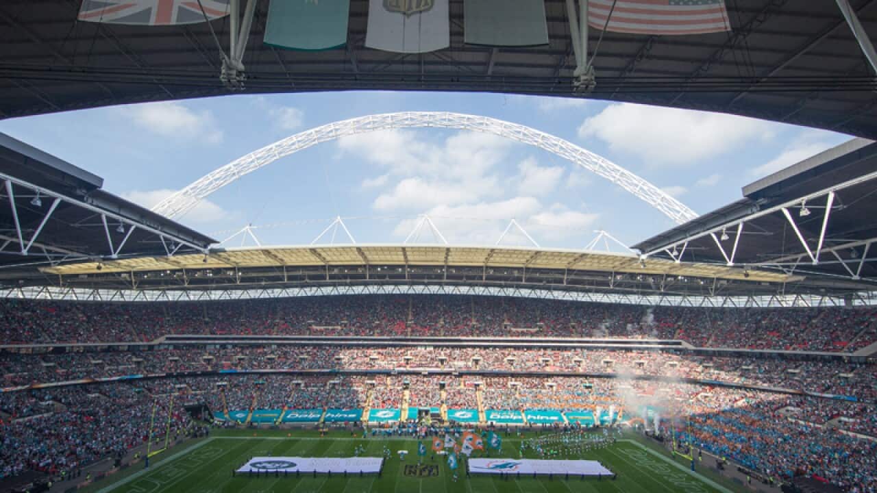 A view of the Jets-Dolphins game at Wembley Stadium