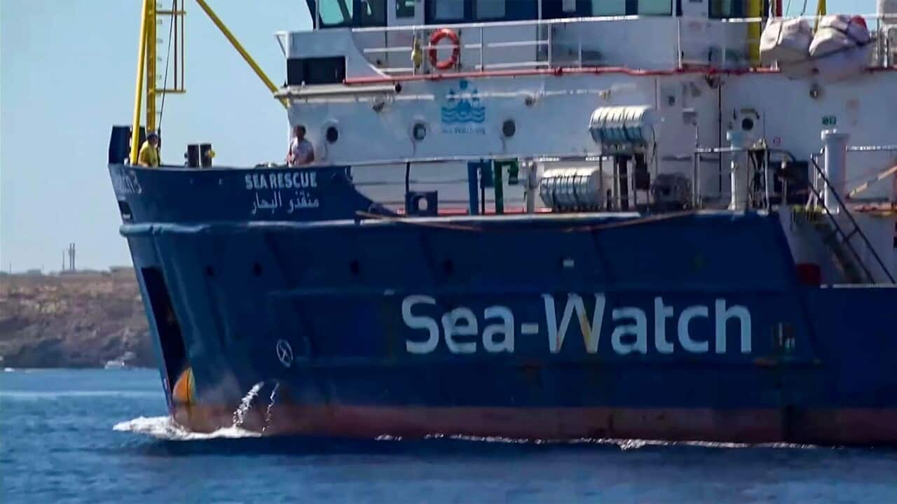 The Sea-Watch charity rescue boat heading towards the island of Lampedusa, on the Mediterranean Sea.