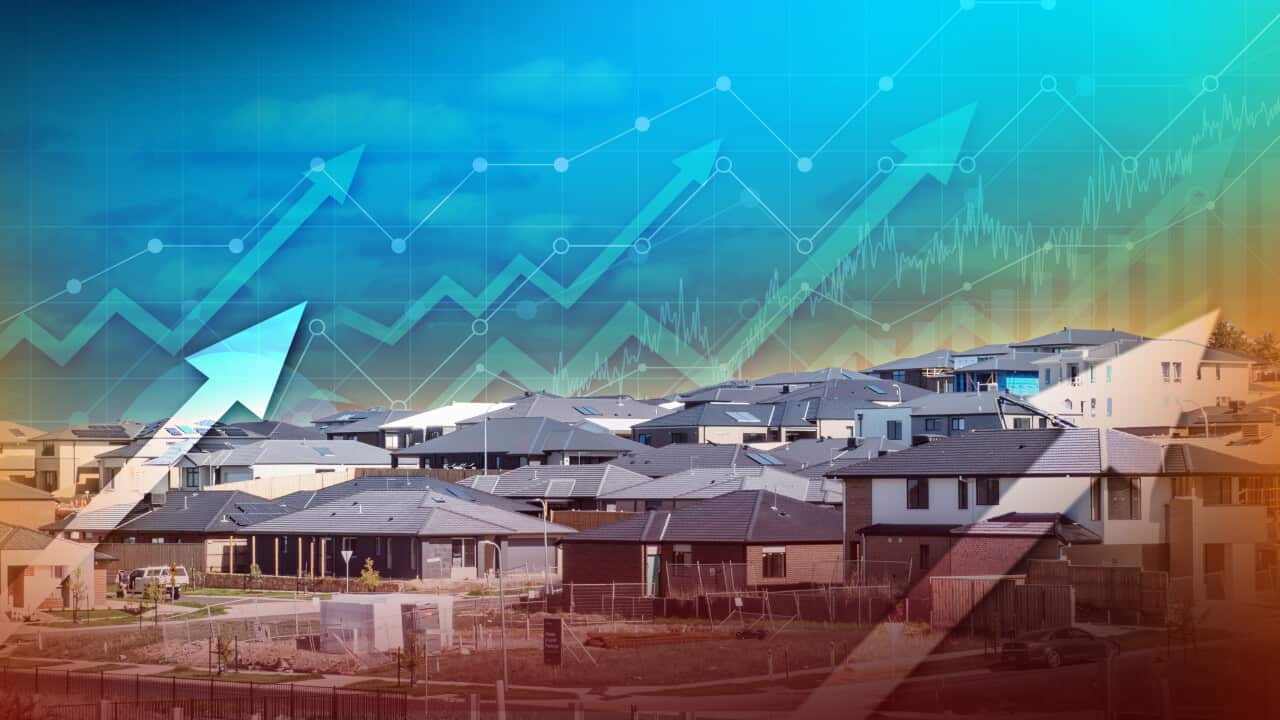 A housing estate with arrows pointing up in the foreground and background of the image.