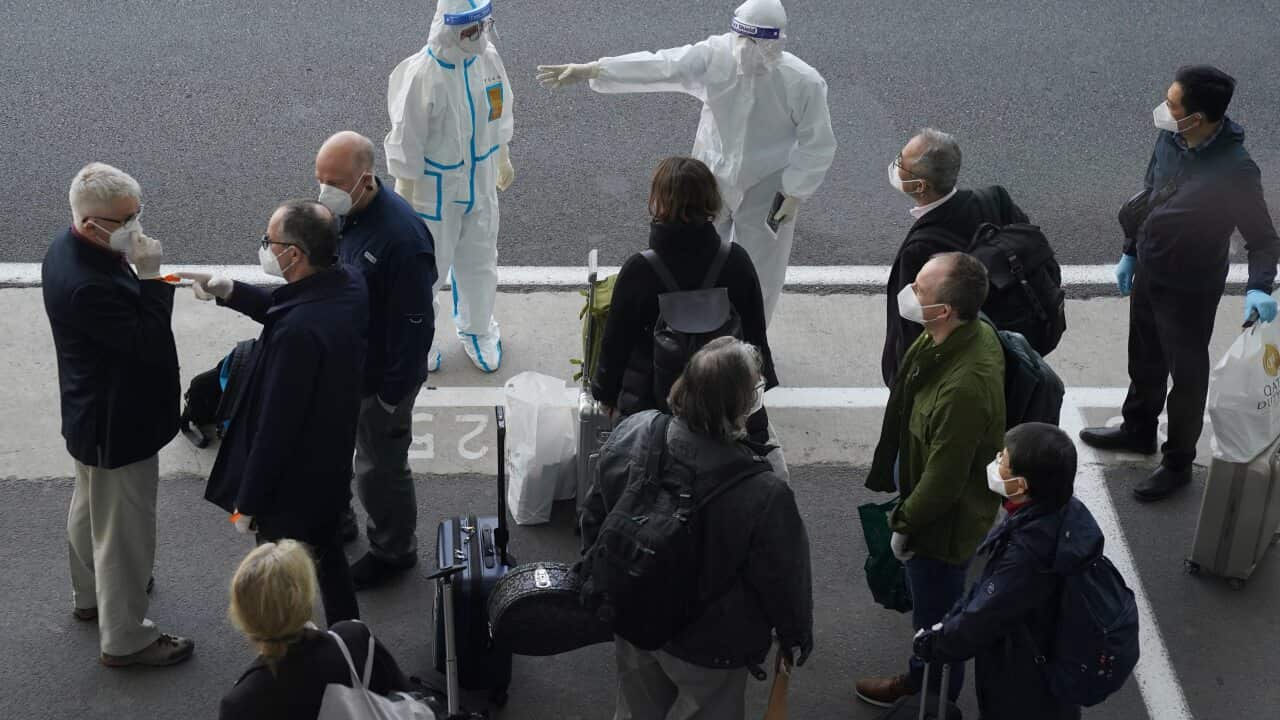 A worker directs members of the WHO team upon their arrival in Wuhan, January 14, 2021