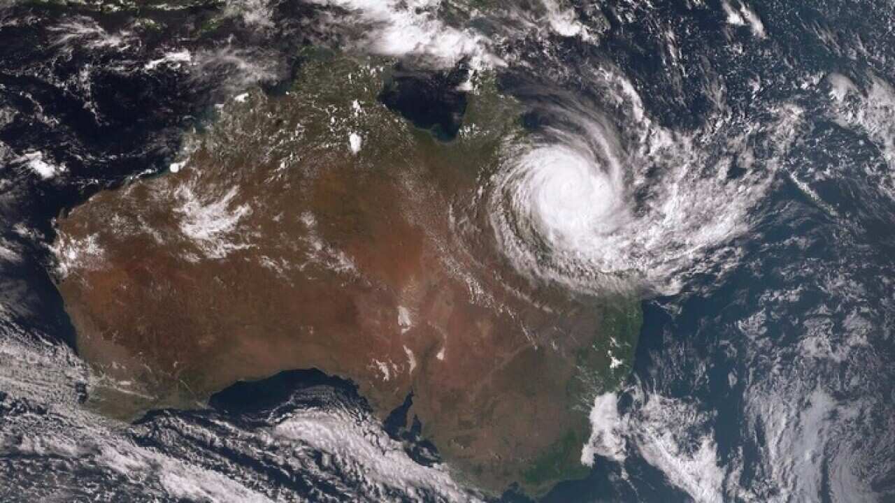 BOM image of Cyclone Debbie making landfall near Airlie Beach, QLD, 28 March 2017