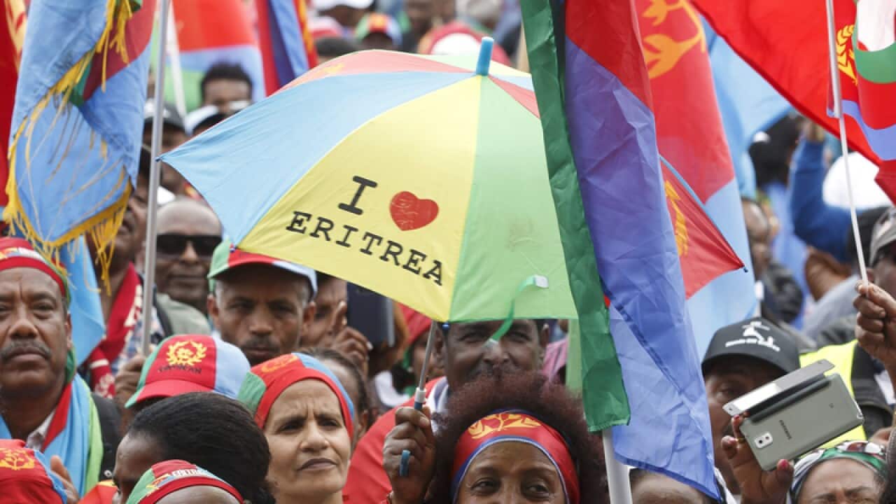 Supporters of Eritrea's government protest outside the UN