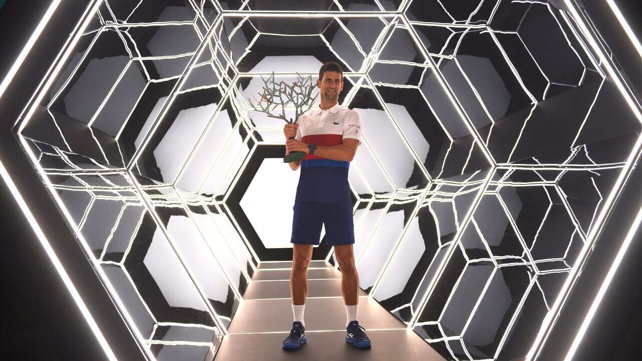 Novak Djokovic (SRB) wins the final at the 2021 Rolex Paris Masters at the Accor Arena in Paris, FRANCE, on November 7, 2021. Photo by Corinne Dubreuil/ABACAPRESS.COM.