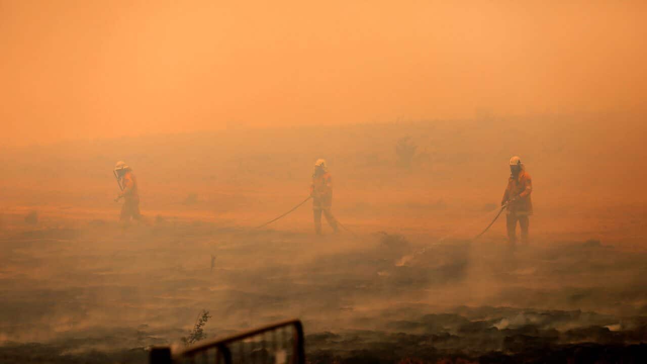 NSW Rural Fire Service crews appear barely distinguishable amid haze after extinguishing a fire that crossed the Monaro Highway, four km north of Bredbo.