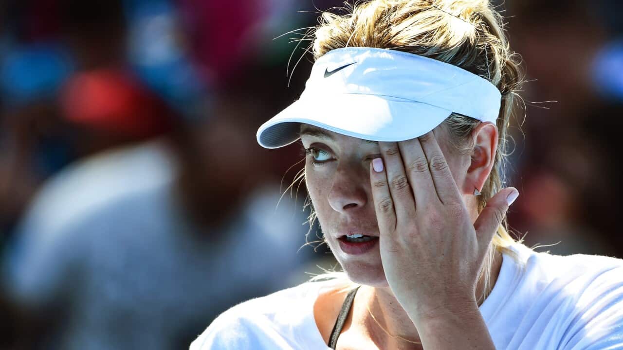 Russian tennis player Maria Sharapova reacting during a training session prior the Australian Open Grand Slam tennis tournament at Melbourne Park in Melbourne
