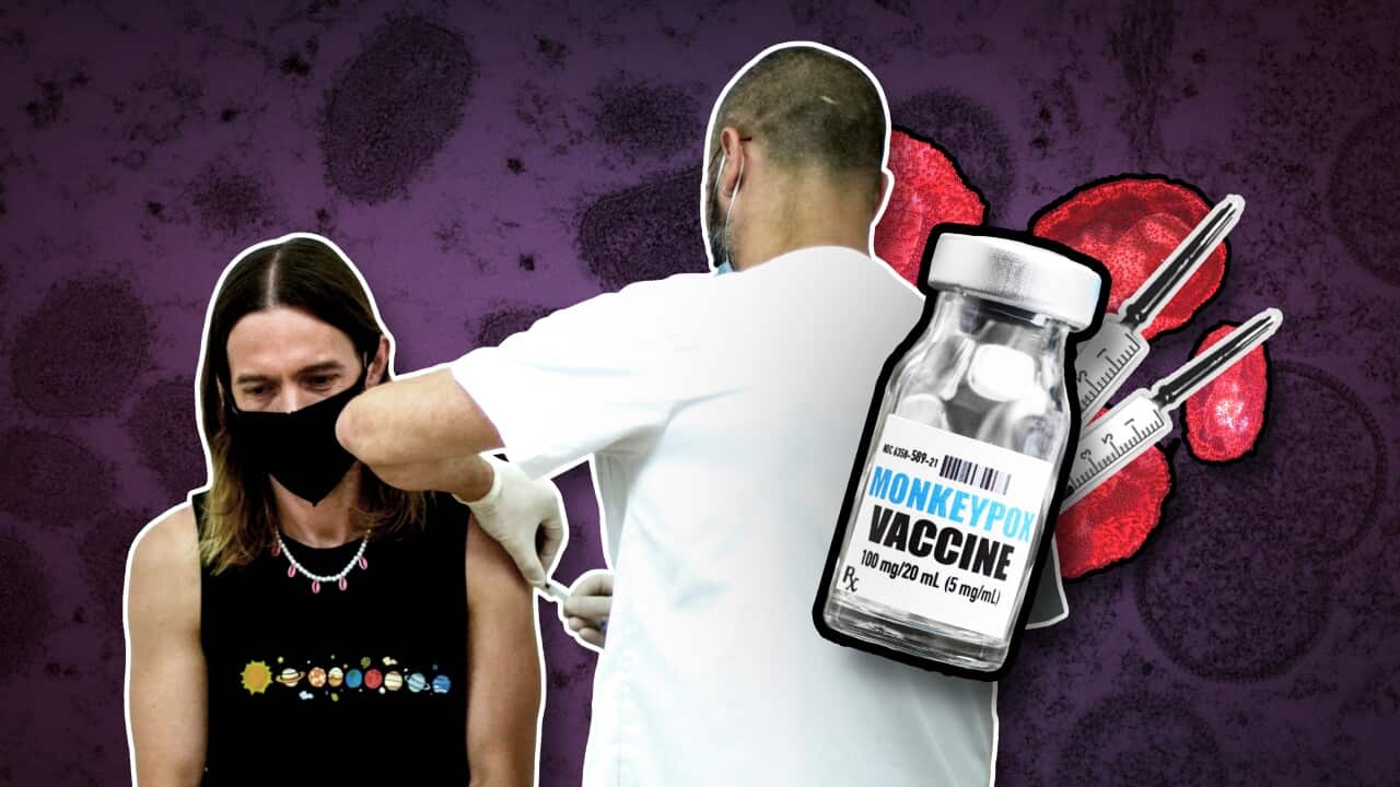 A digital artwork showing a medical worker administering a vaccine into a person's arm and a vial with a label that reads "monkeypox vaccine"