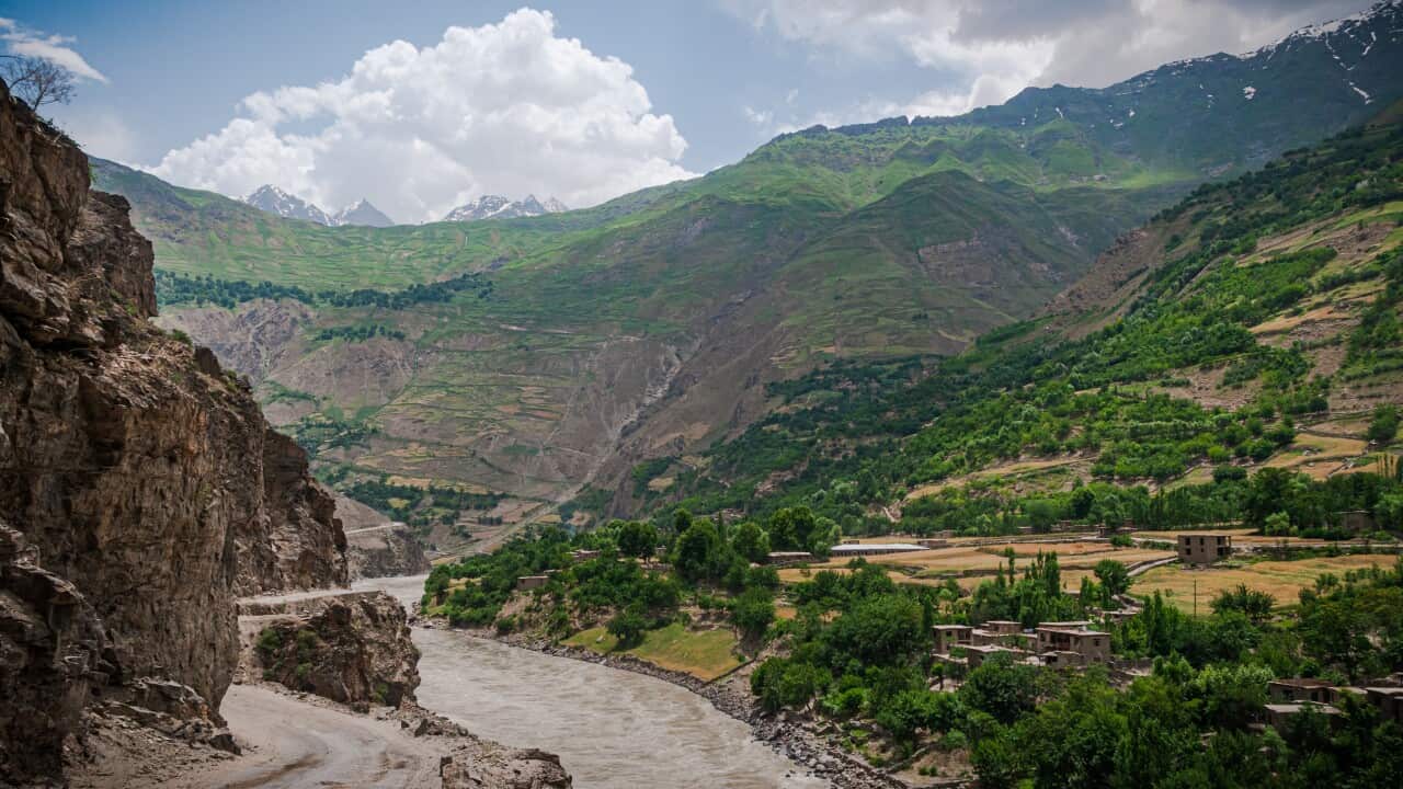 View on Afghanistan mountains from Tajikistan, M41 road along Panj River, Central Asia