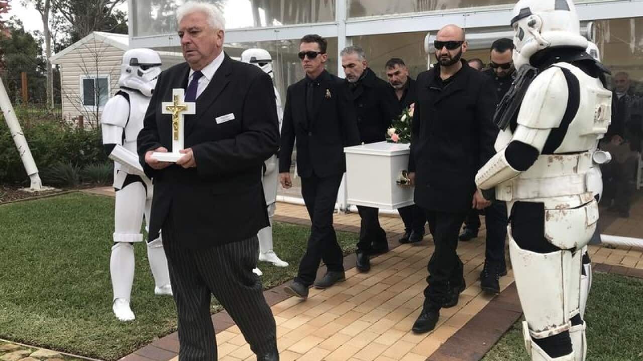 A Star Wars themed guard of honour at the funeral of Merna Aprem.