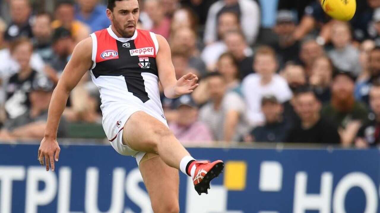 A file image of St Kilda AFL player Paddy McCartin kicking the ball.