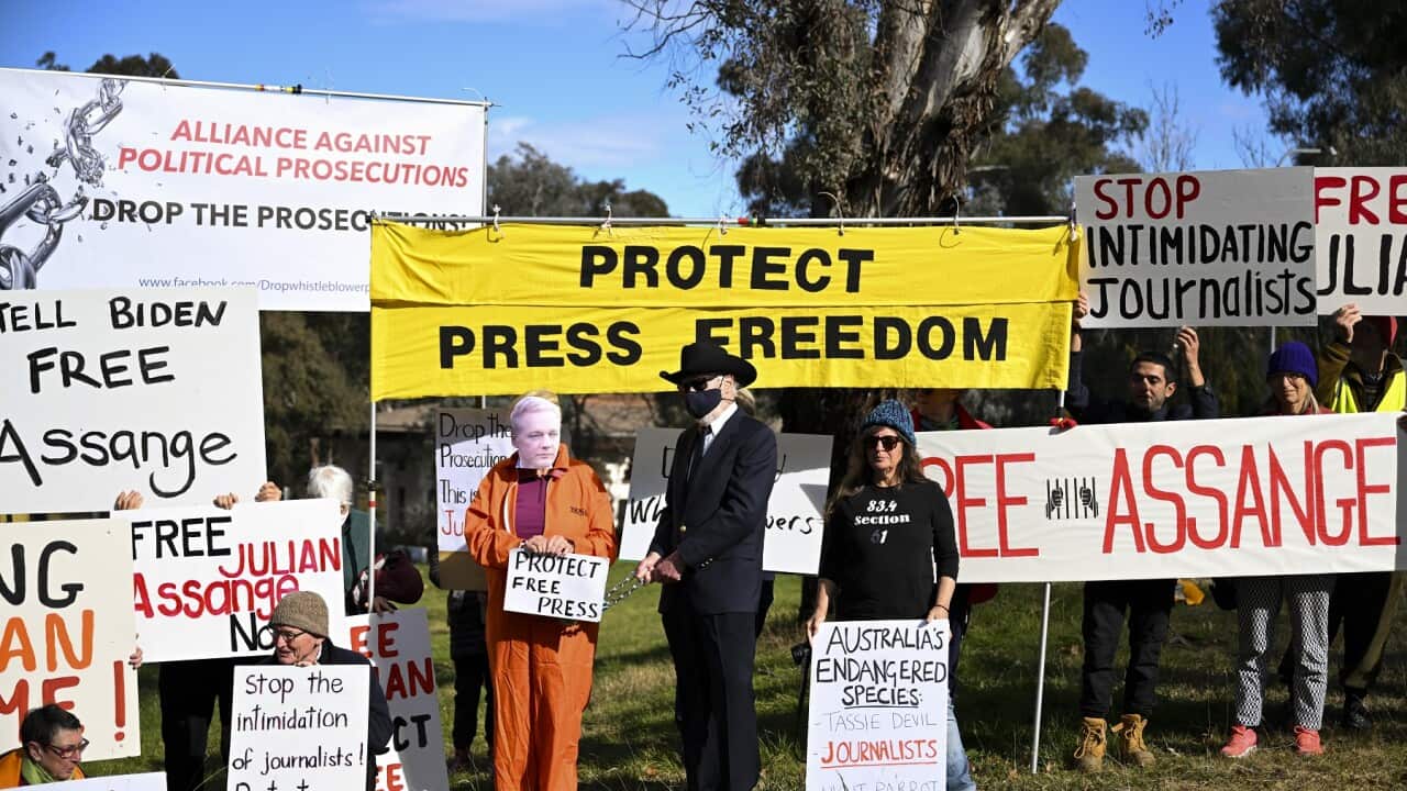 Supporters protesting against the imprisonment of Julian Assange outside the US Embassy in Canberra