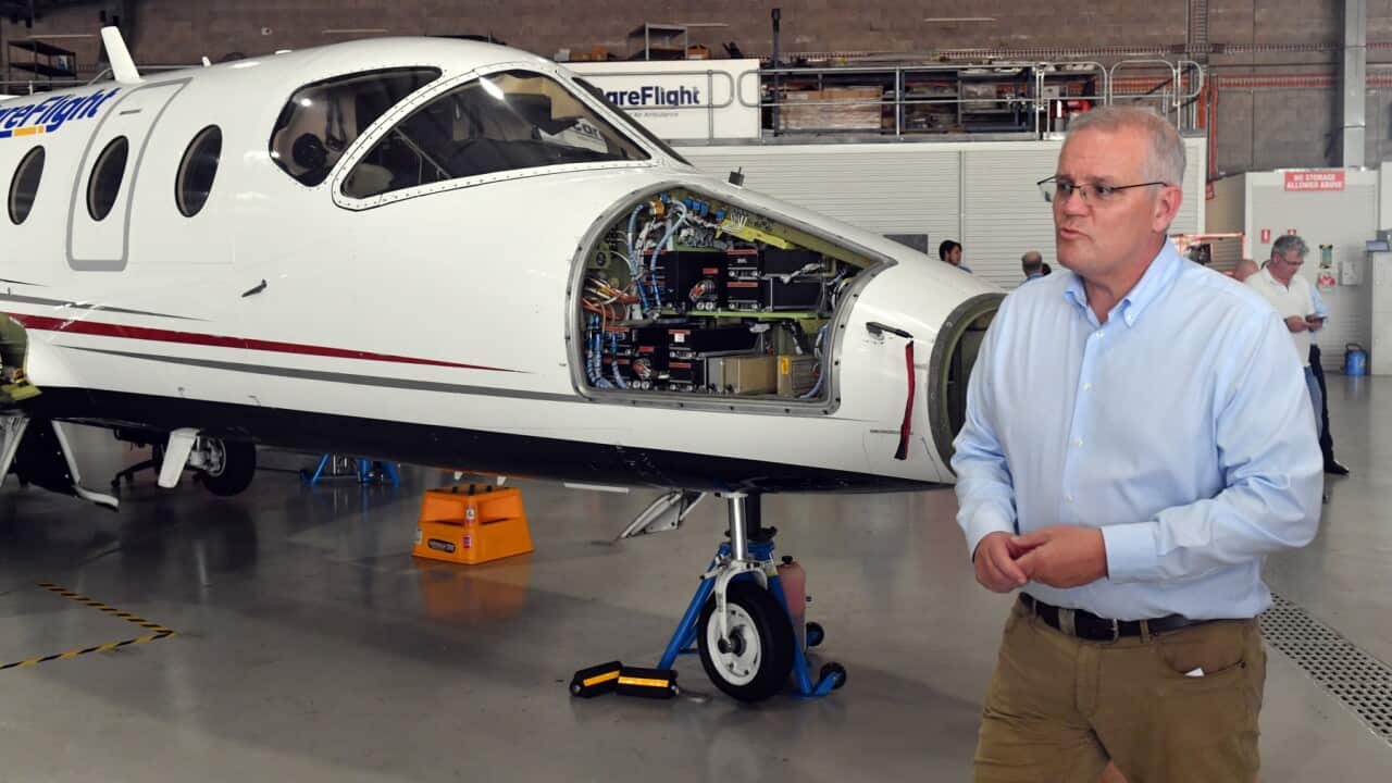 Prime Minister Scott Morrison at the Careflight Hangar on Day 37 of the 2022 federal election campaign, in Darwin, in the seat of Solomon. Tuesday, May 17, 2022. (AAP Image/Mick Tsikas) NO ARCHIVING