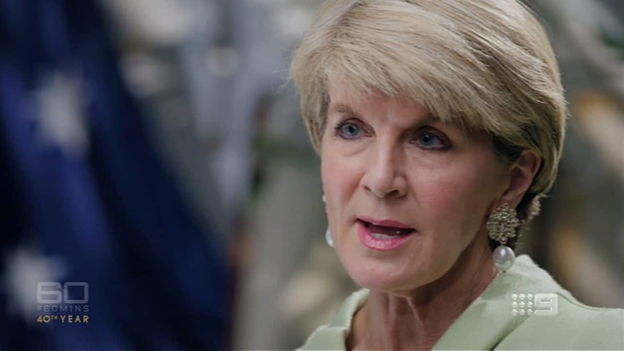 Former foreign minister Julie Bishop speaking to Nine Network journalist Chris Uhlmann during an interview with 60 Minutes.
