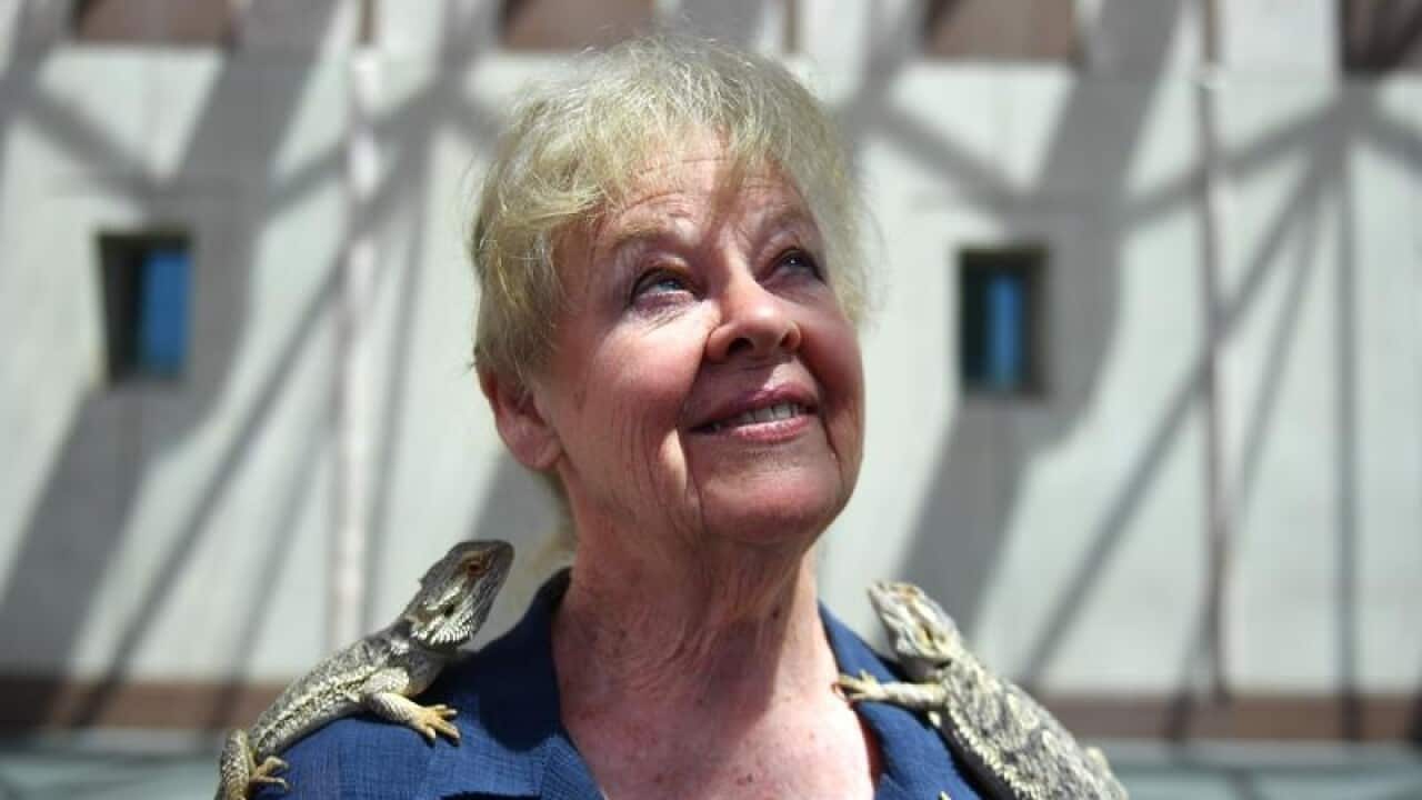 Geneticist Professor Jenny Graves with two bearded dragons