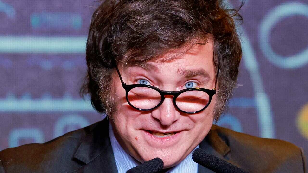 Argentine president-elect Javier Milei gives a speech after winning in the runoff election, in Buenos Aires, Argentina, 19 November 2023.