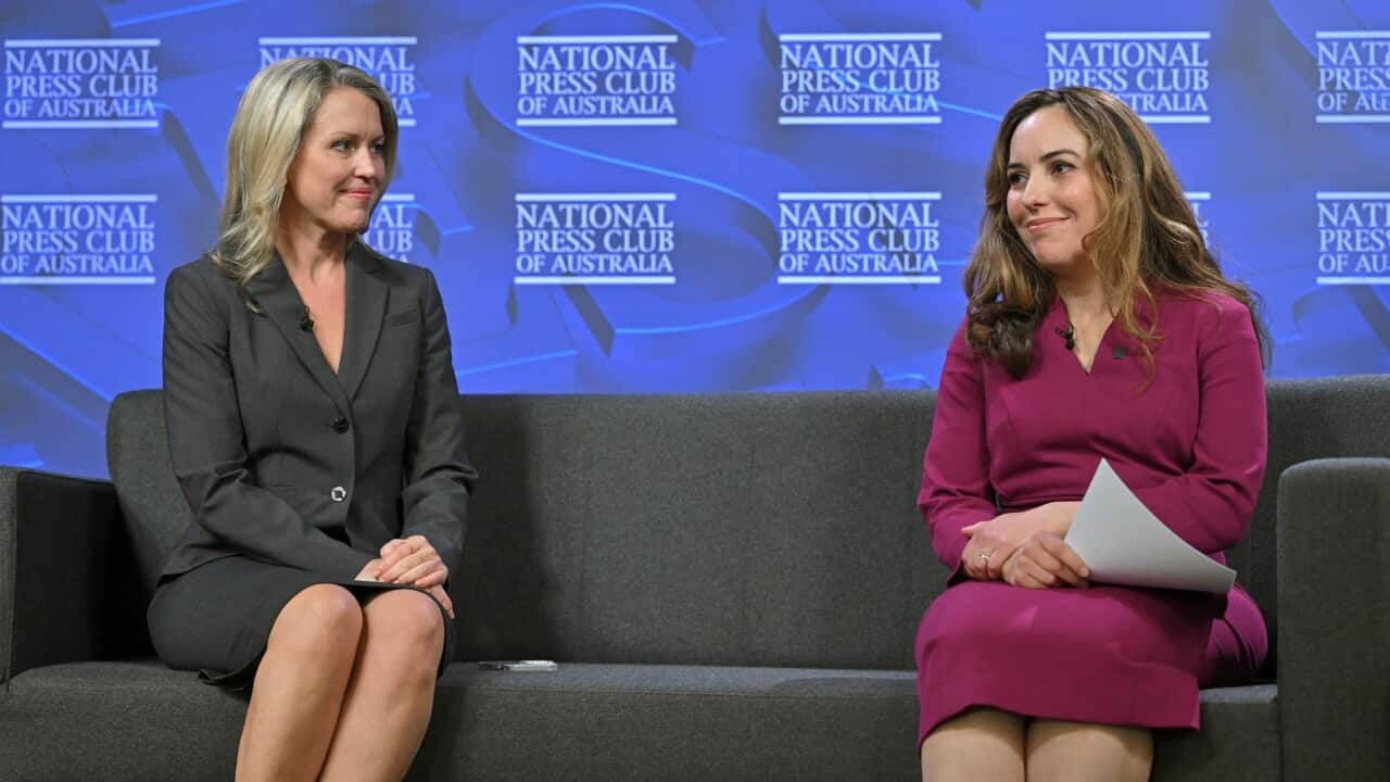 Jennifer Robinson with Stella Assange at the National Press Club in Canberra (AAP)