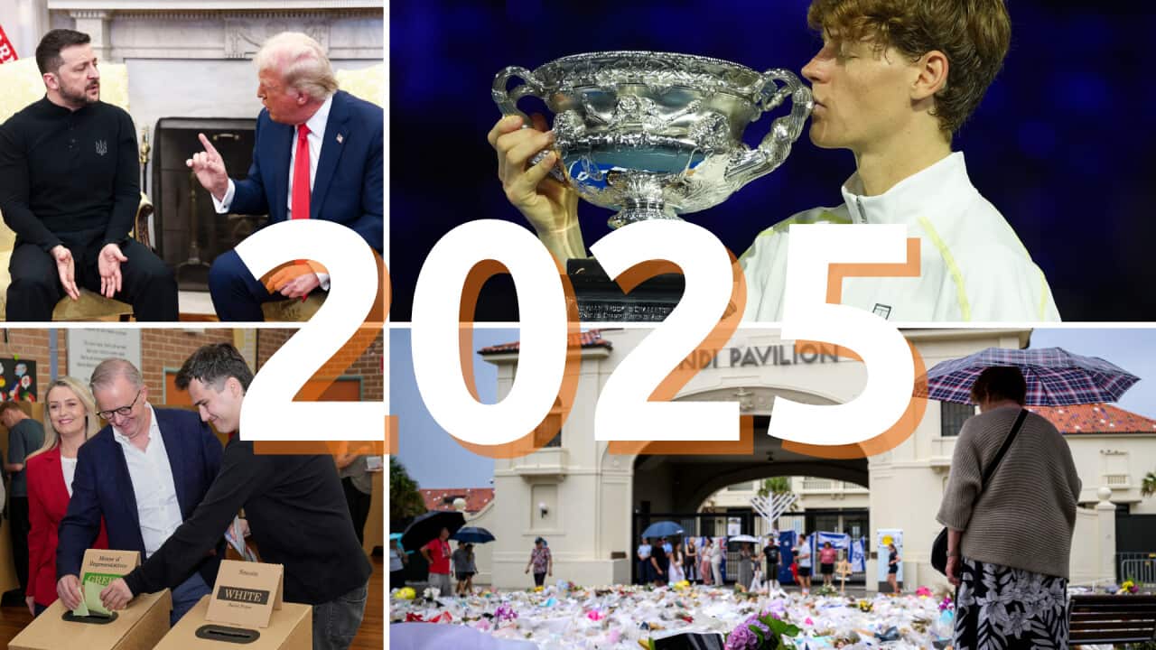 Composite photo, clockwise from left, the clash between Zelensky and Trump on February 28, Jannik Sinner with the Australian Open trophy, flowers in front of the Bondi Pavilion after the attack on December 14, Anthony Albanese at the polls with his son Nathan and his wife Jodie.