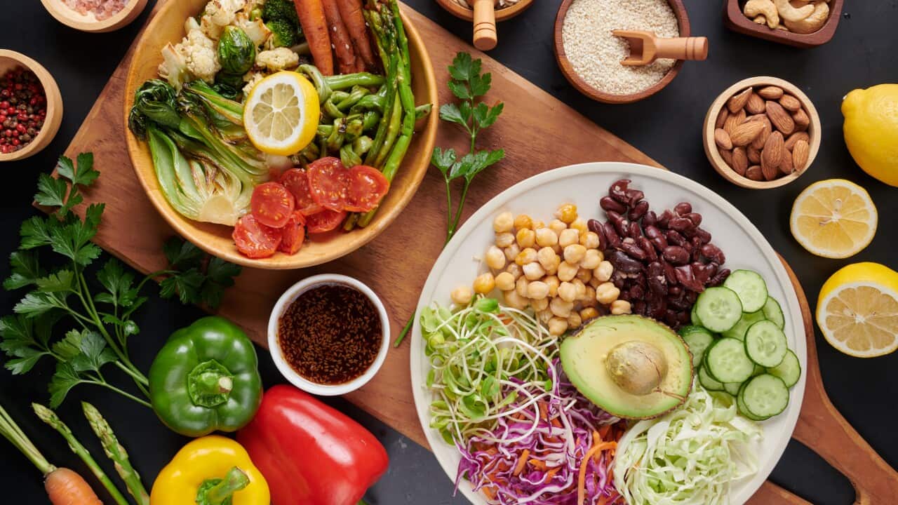 Vegan protein source. Buddha bowl dish, avocado, pepper, tomato,