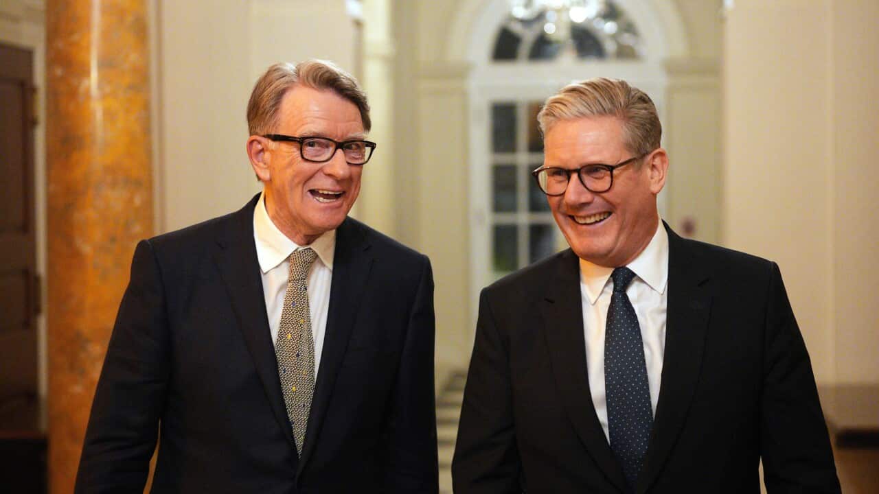British Prime Minister Keir Starmer, right, talks with Britain's ambassador to the United States Peter Mandelson during a welcome reception at the ambassador's residence on Wednesday, Feb. 26, 2025 in Washington.