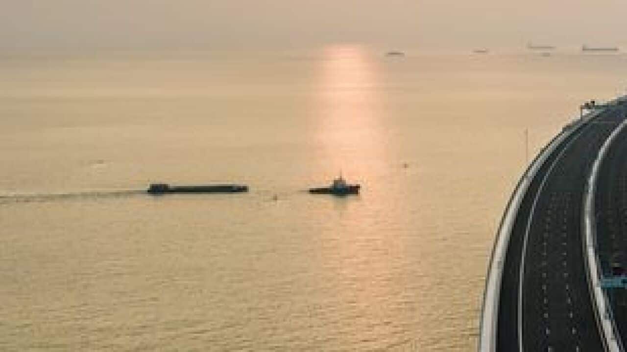  An aerial view shows a section of the Hong Kong-Zhuhai-Macau Bridge (HKZM) in Hong Kong