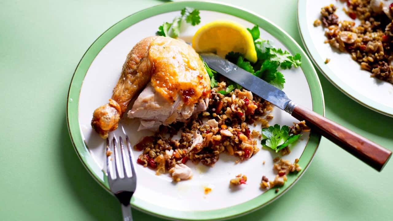 Roast chicken with freekeh stuffing