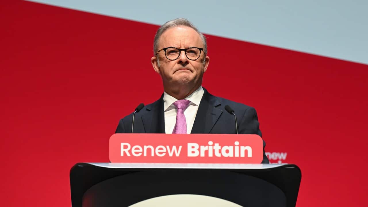 Australian Prime Minister Anthony Albanese delivers a speech at the UK Labour Annual Conference in Liverpool