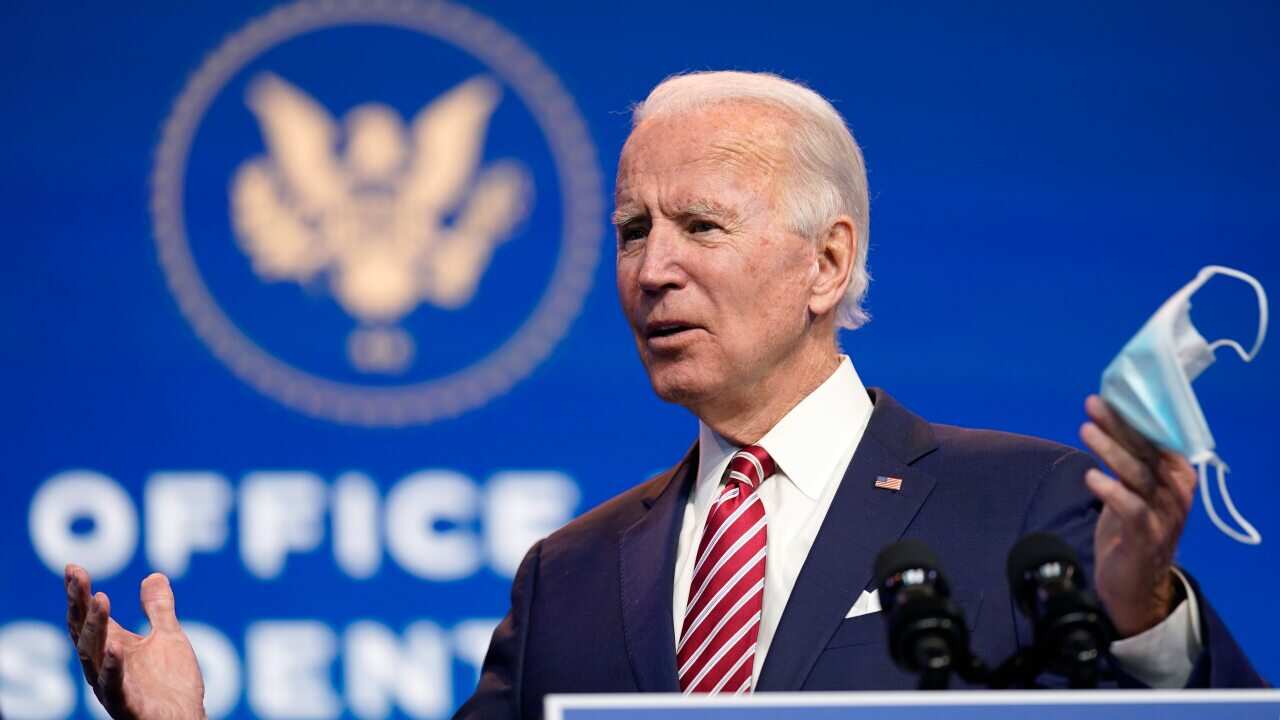 President-elect Joe Biden, accompanied by Vice President-elect Kamala Harris, speaks in Wilmington, Delaware on 16 November, 2020.