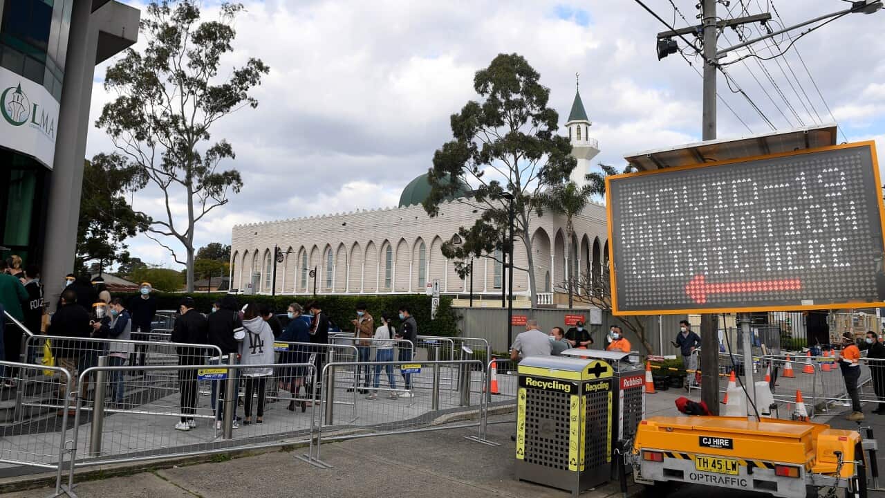 People lining up at a pop-up Covid vaccination clinic in Lakemba, SW Sydney