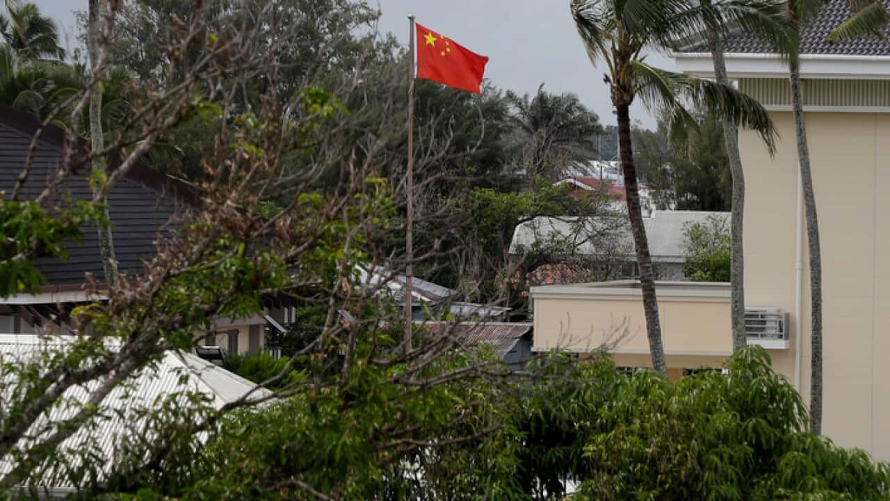 A Chinese flag flies outside the Chinese Embassy in Nuku'alofa, Tonga