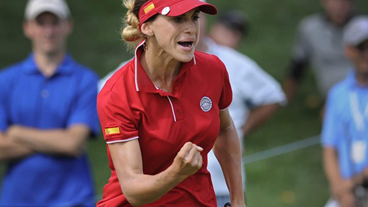 Belen Mozo, of Spain, reacts after making a birdie on the 16th hole.