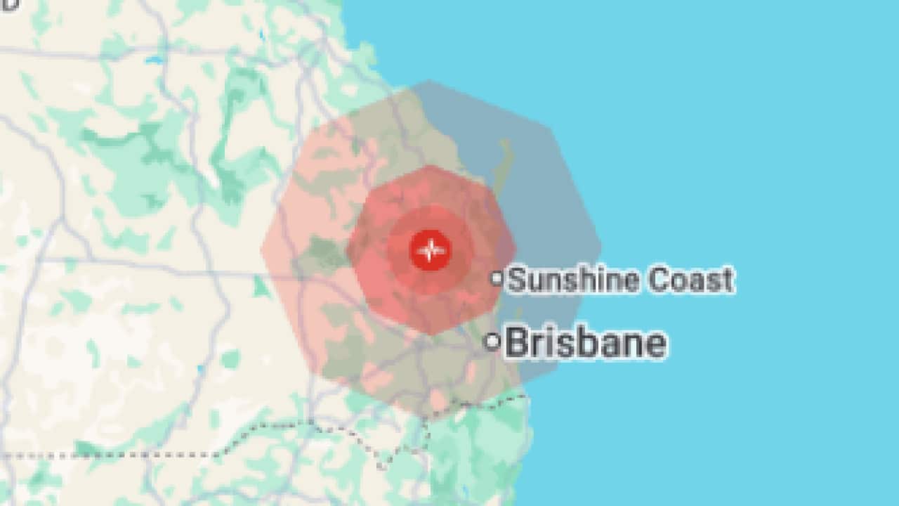 A map of Queensland showing an earthquake in the south east