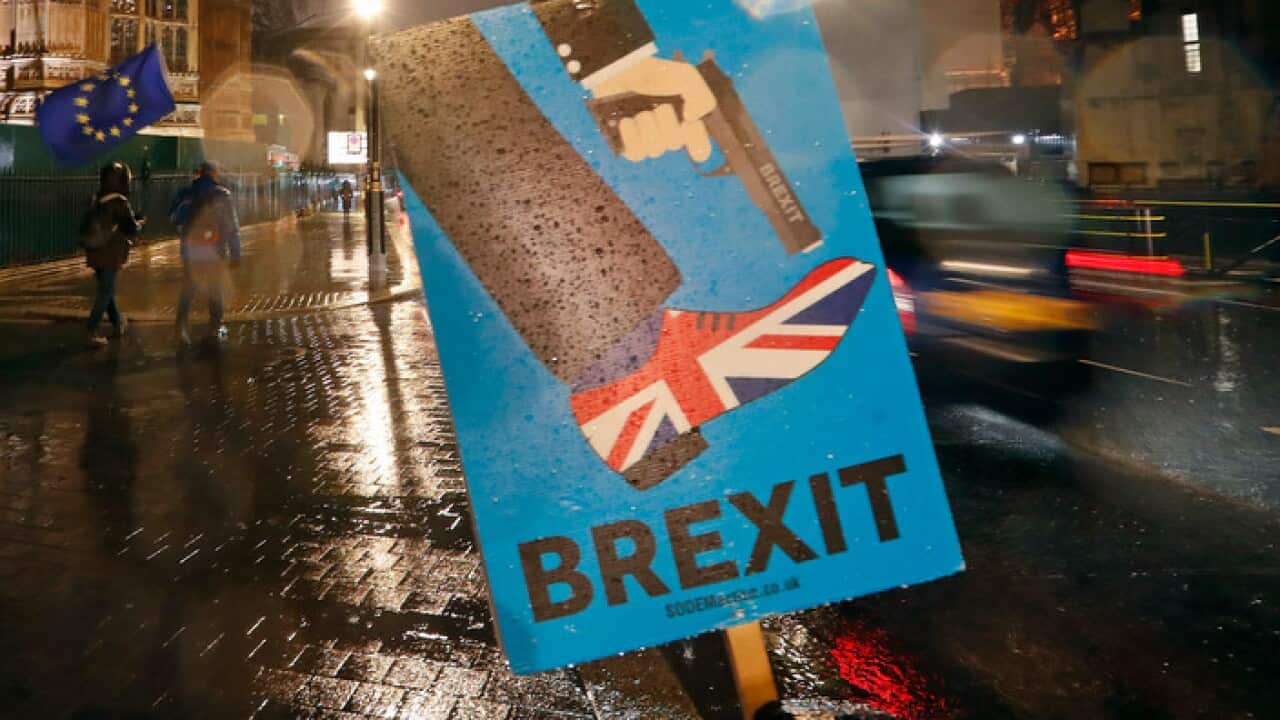 An anti-Brexit placard near the Parliament in London, UK