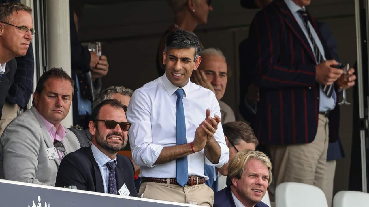 UK Prime Minister Rishi Sunak (centre) with other spectators during the England v Australia second Ashes Test series.