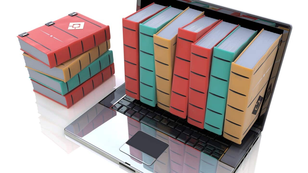 Digital library - Colored books inside computer