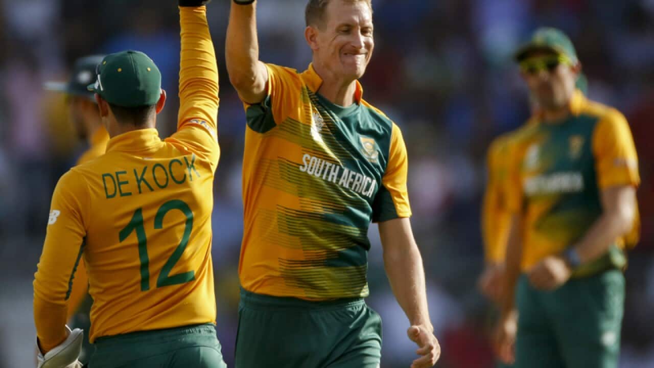 South Africa's Chris Morris (C) celebrates after claiming a wicket